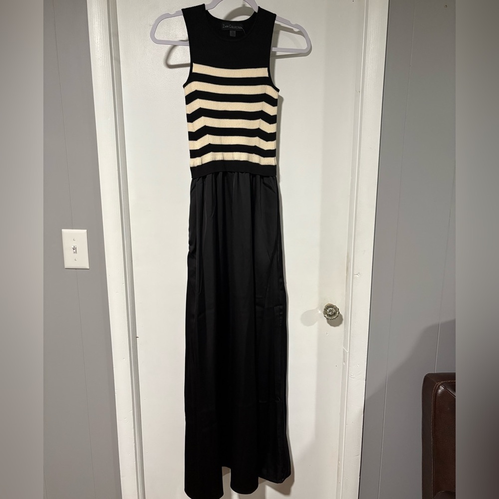 Elegant Striped Black and Cream Maxi Dress
